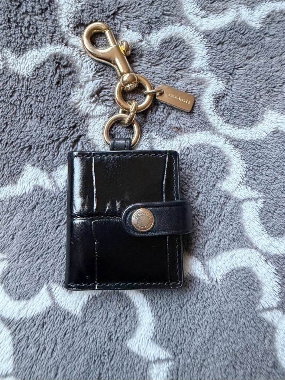 Coach Black Leather Phot Keychain with Gold Clip